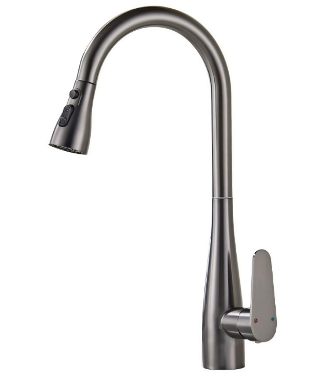 Gunmetal Grey High-Arc Gooseneck Panas Lan Dingin Pawon Tarik-Metu Faucet
